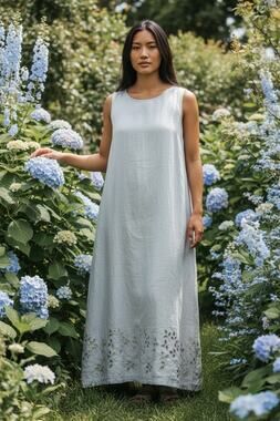 Field Manor XL Blue Gray Linen Blend Embroidered Foliage Hem Maxi Shift Dress